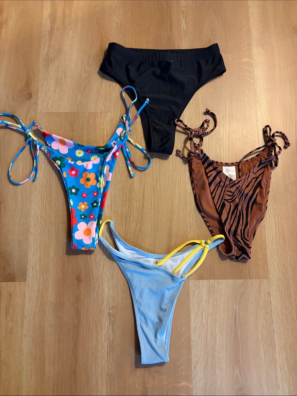 Assorted String Bikini Bottoms - Floral, Black, Tiger, Light Blue